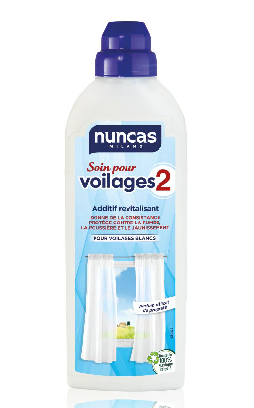 Soin Pour Voilages Blanc 2 Additif Revitalisant 750 ml pour entretenir et raviver la blancheur des rideaux.
