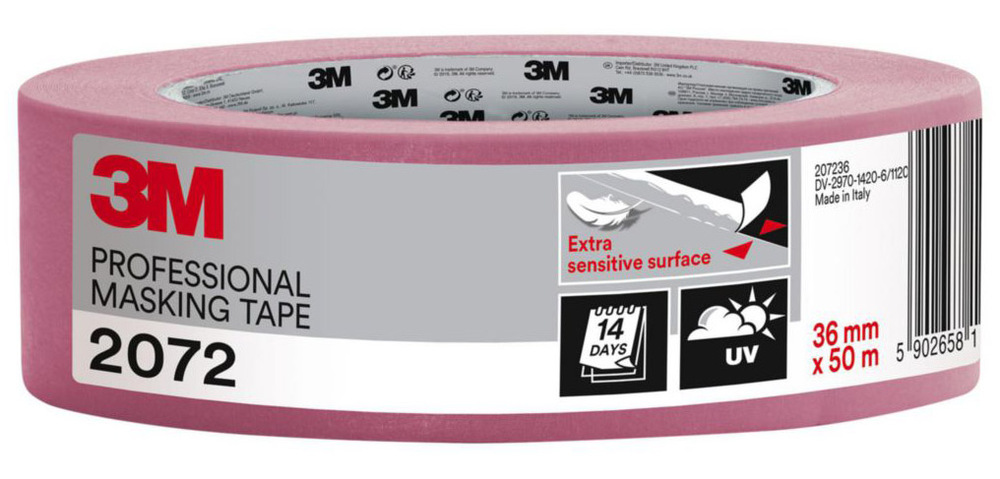 Ruban de masquage rose 2072 pour surfaces délicates, rouleau de 50 m x 36 mm