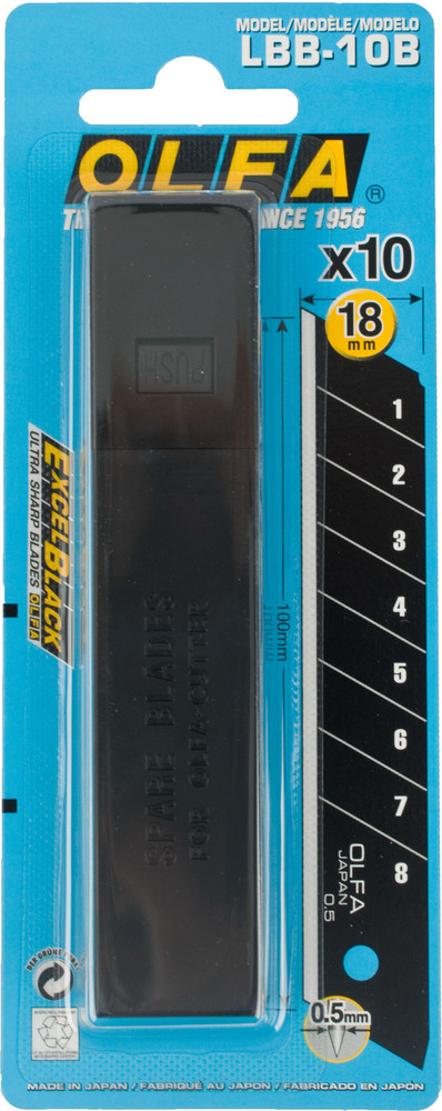 Etui de 10 lames de cutter Olfa noires professionnelles LBB-10B de 18 mm pour une coupe précise
