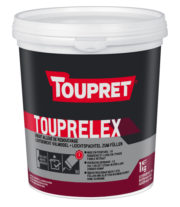 Pot d'enduit de rebouchage Touprelex Allégé pour extérieur 1L, de couleur blanche, idéal pour fissures et trous.