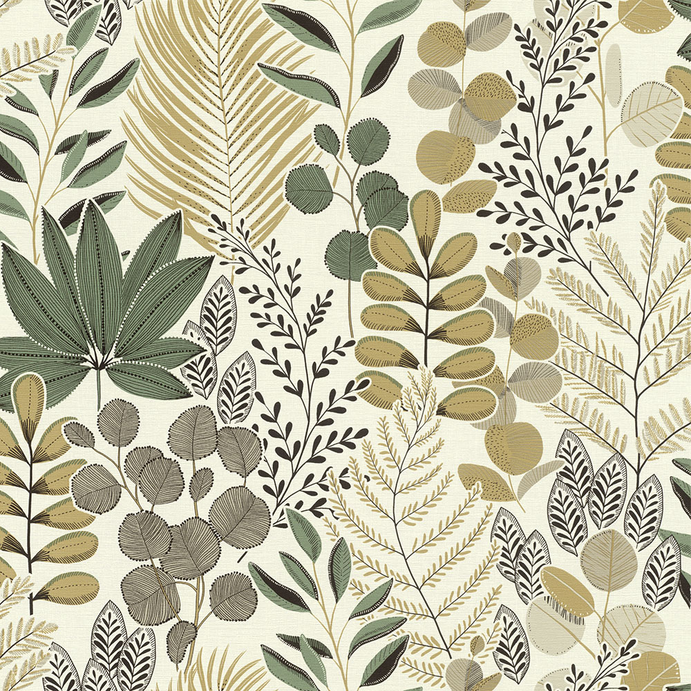 Papier Peint Vinyle Motif Fougères Vert et Crème, design botanique élégant