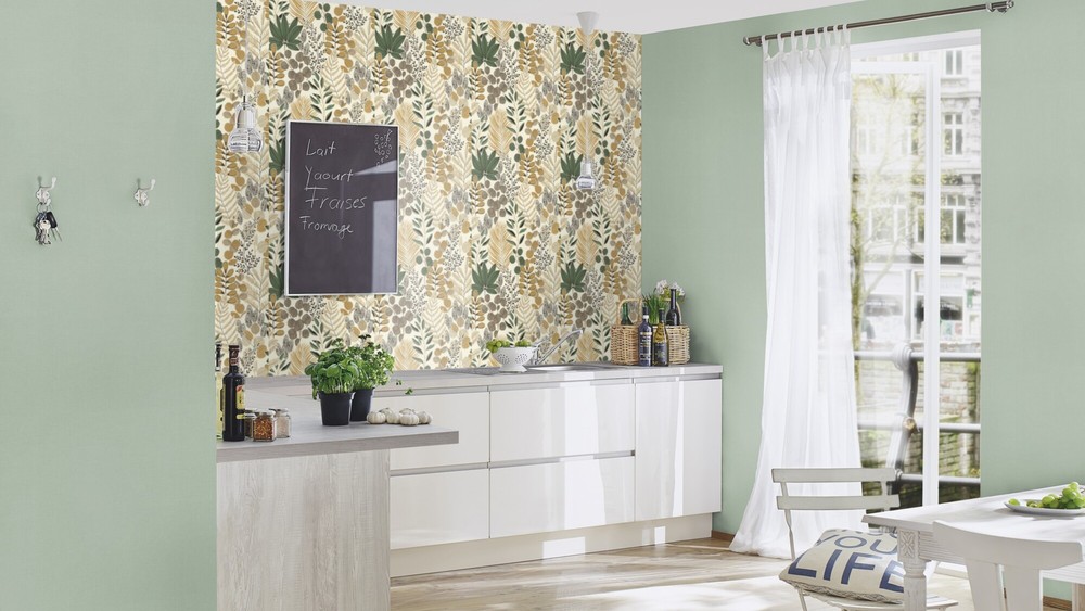 465334 - Papier Peint Vinyle Motif Fougères Vert et Crème