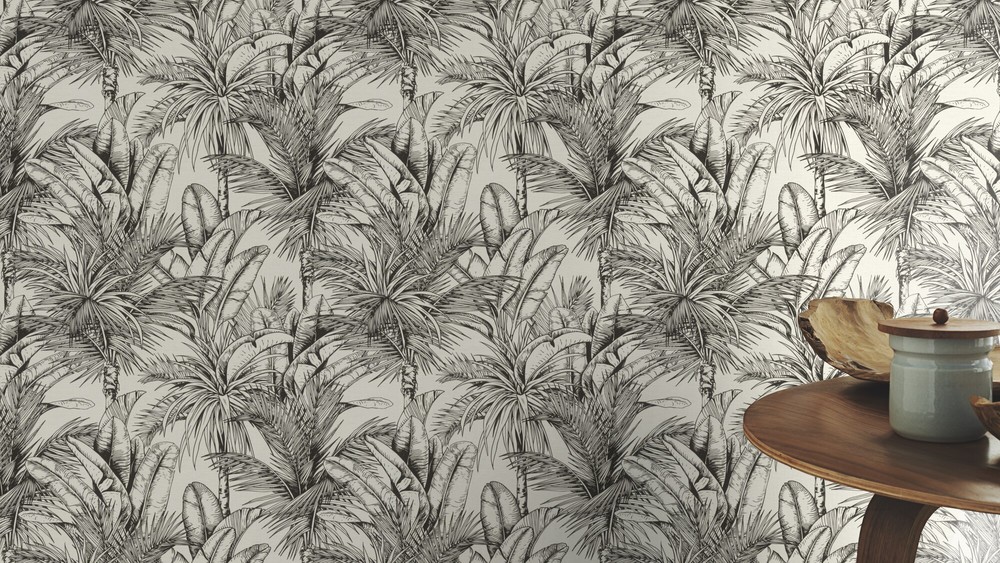 478013 - Papier Peint Vinyle Motif Tropic XXL Blanc Noir