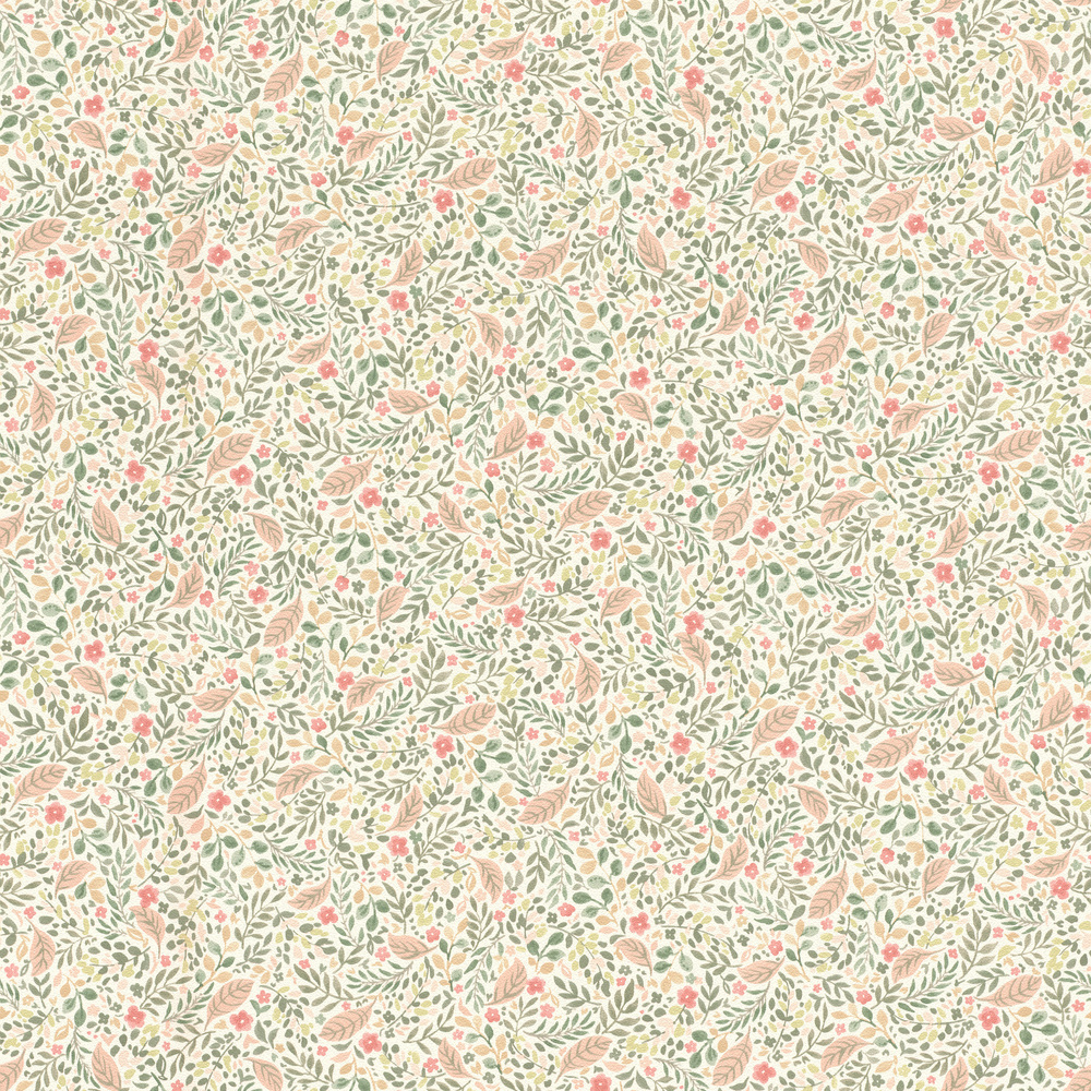 Papier peint vinyle à motif 'Charming Flowers' vert et rose, présentant des illustrations florales délicates