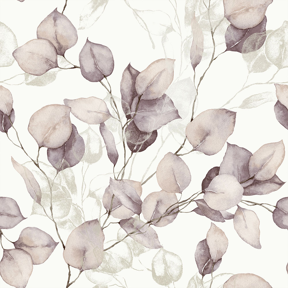 Papier peint vinyle sur intissé Léonie à motifs de feuilles d'eucalyptus roses, idéal pour une ambiance douce et naturelle.