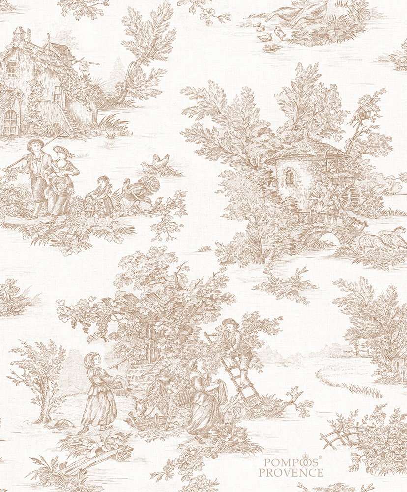 Papier peint intissé effet Toile de Jouy sépia sur écru