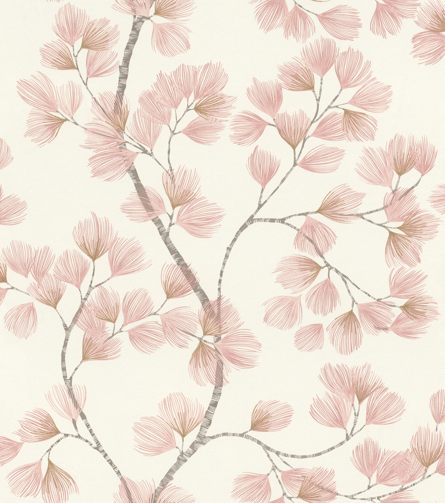 Papier peint vinyle à motif floral Albizia rose pâle et doré