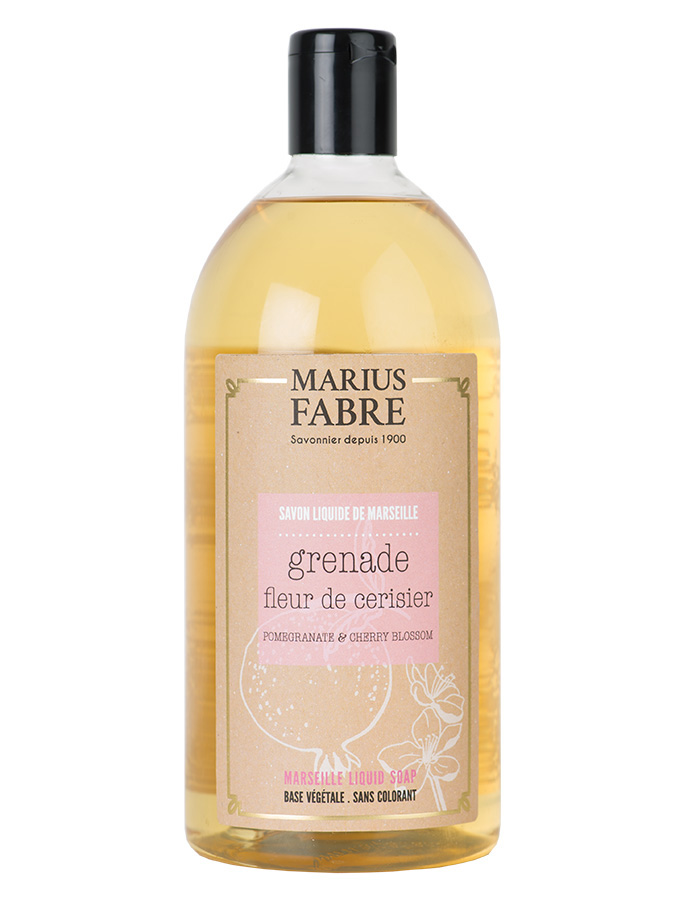 Savon Liquide de Marseille Grenade Fleur de Cerisier 1L en flacon, parfum fruité et floral