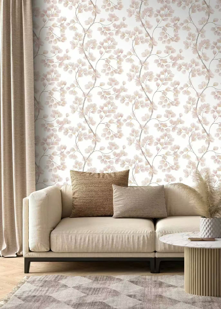 866940 - Papier Peint Vinyle Motif Albizia Rose Pâle Doré