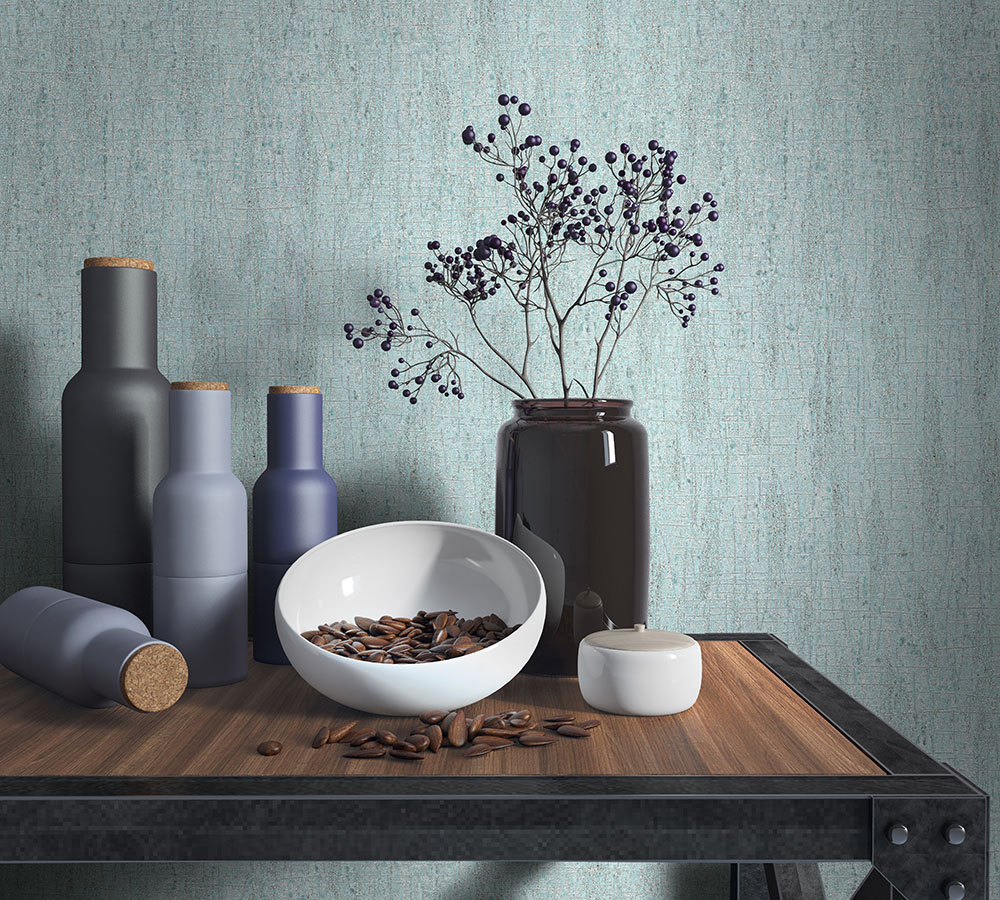 59340 - Papier Peint Intissé Effet Plâtre Rayé Turquoise