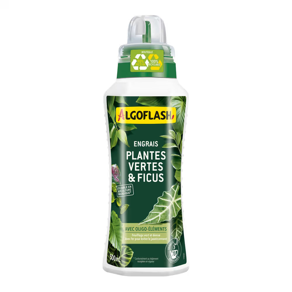 Engrais liquide UAB 500 ml pour plantes vertes et ficus, en bouteille, favorise une croissance saine.