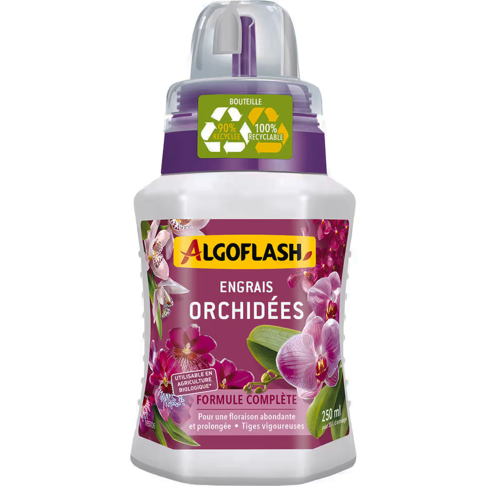 Flacon d'engrais liquide UAB 250 ml pour orchidées, stimulant la croissance et la floraison.