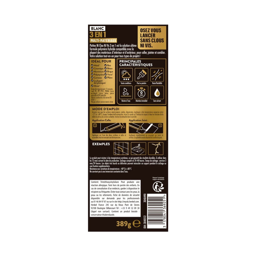 Mastic-Colle Ni Clou Ni Vis 3en1 389 g