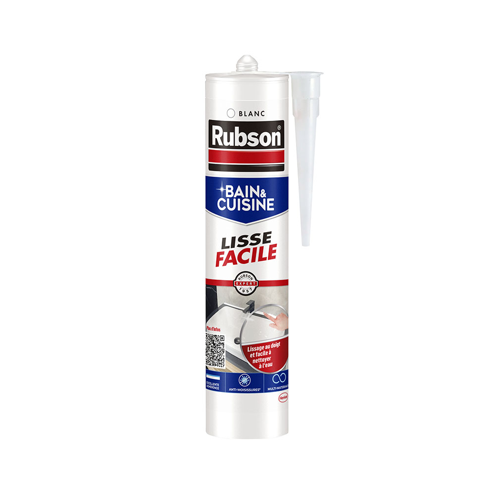 Mastic silicone blanc Lisse Facile 280 ml pour bain et cuisine, résistant à l'humidité et anti-moisissure.