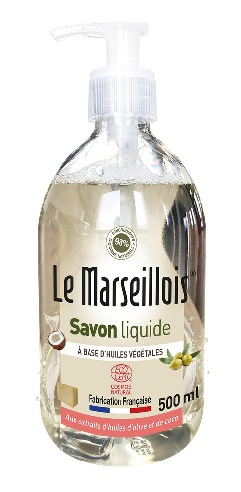 Savon de Marseille Liquide Pur et Végétal 500 ml aux extraits d'olives et de coco, avec pompe.