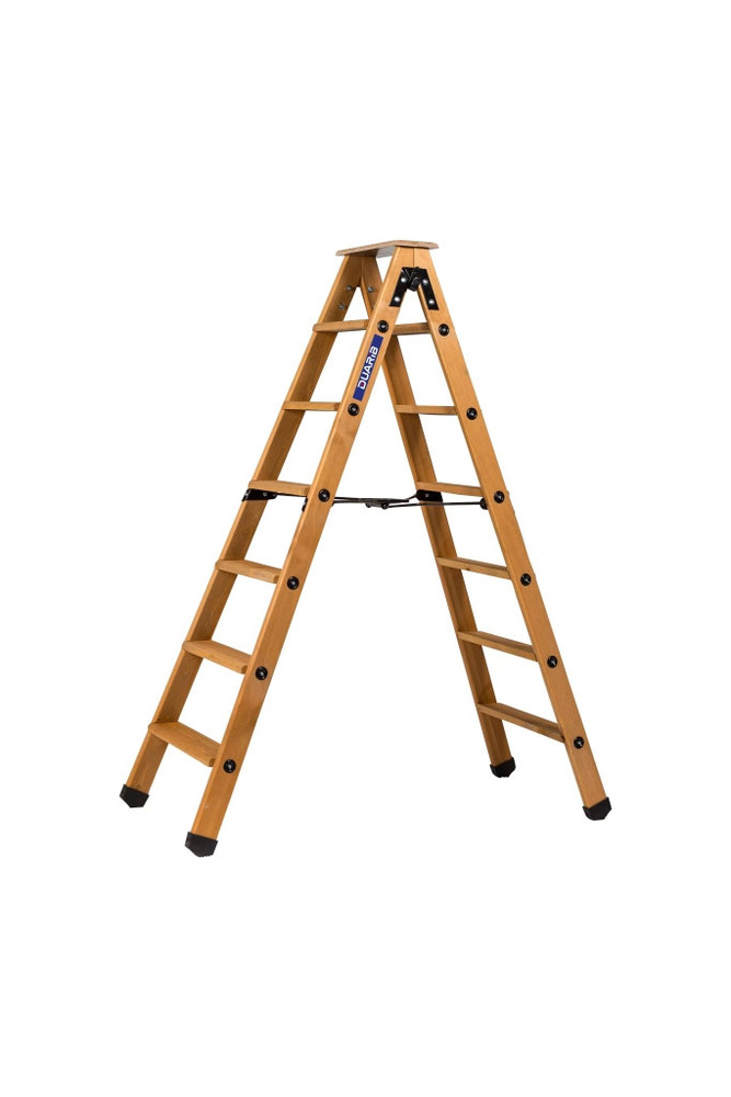 Escabeau en bois massif double accès avec 2x4 marches et tablette supérieure en multiplis, pliable pour rangement.