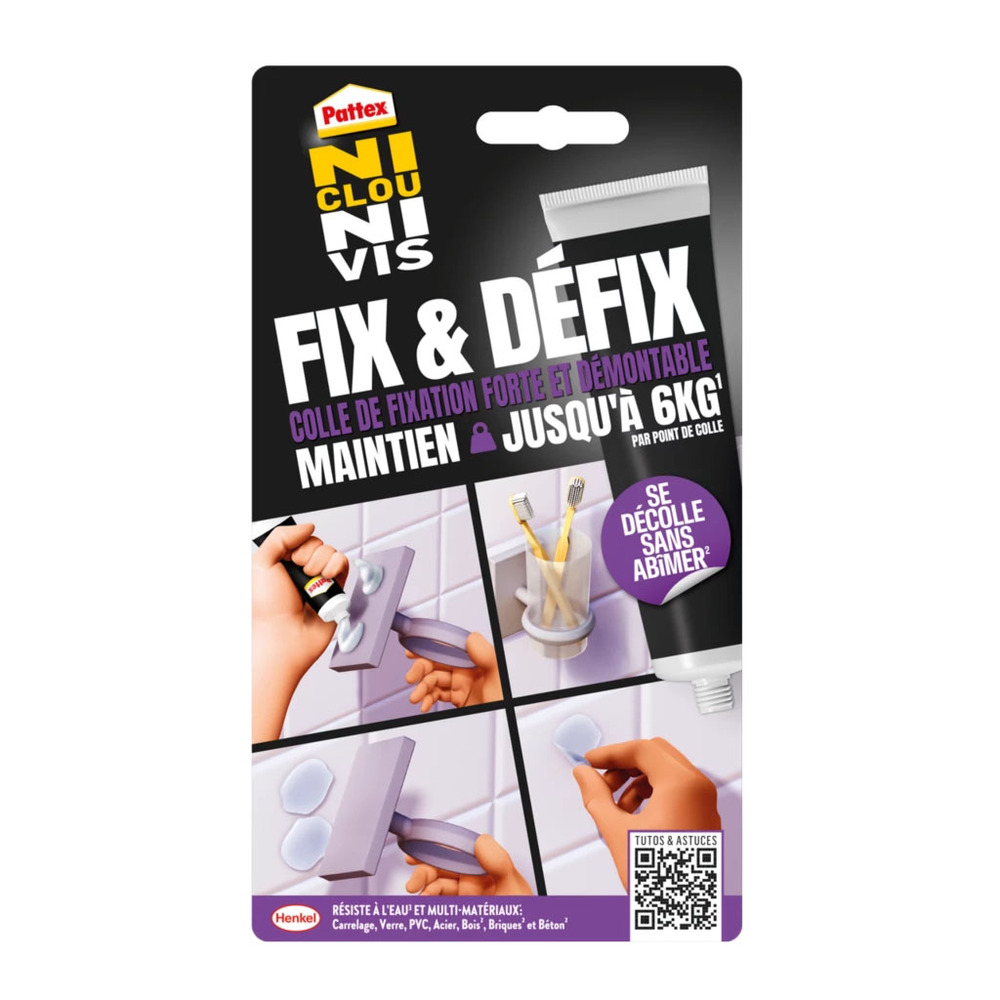 Colle Ni Clou Ni Vis Fix & Defix en tube de 44 g pour fixation forte multi-matériaux