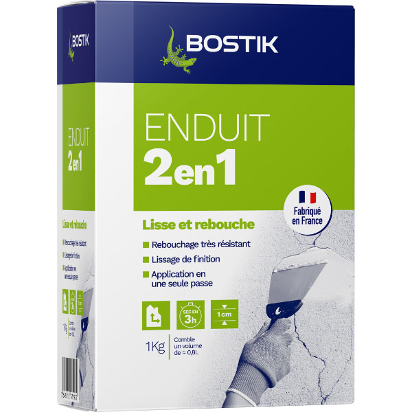 boite d'enduit 1 kg Bostik 2en1 vert et bleu pour lisser et reboucher