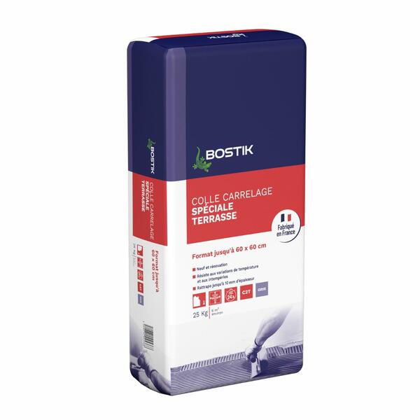Sac de colle carrelage C2T grise 25 kg pour terrasse et balcon, spéciale extérieur et résistante au gel.