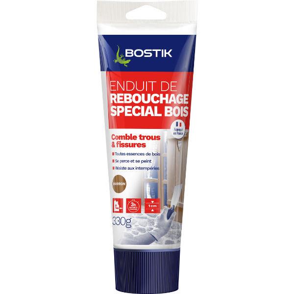 Enduit de rebouchage bois en pâte, tube de 330 g, prêt à l'emploi pour la réparation des fissures et trous du bois.