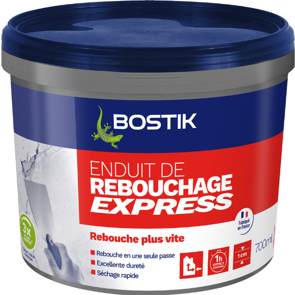 Pot d'enduit de rebouchage express en pâte de 700 ml pour intérieur multi-usages, prêt à l'emploi et séchage rapide.