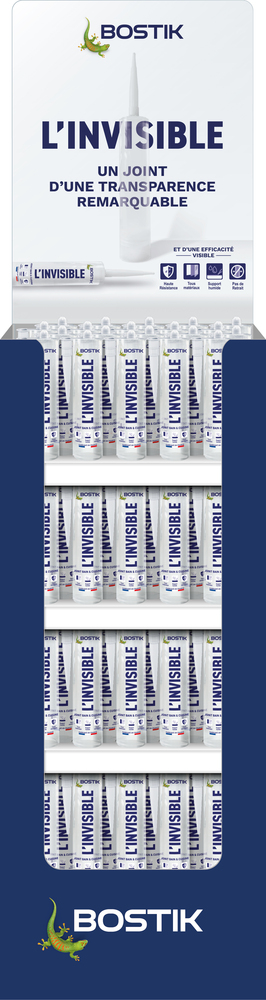 Présentoir vertical bleu Bostik L'Invisible rempli de cartouches de joint d'étanchéité transparent.