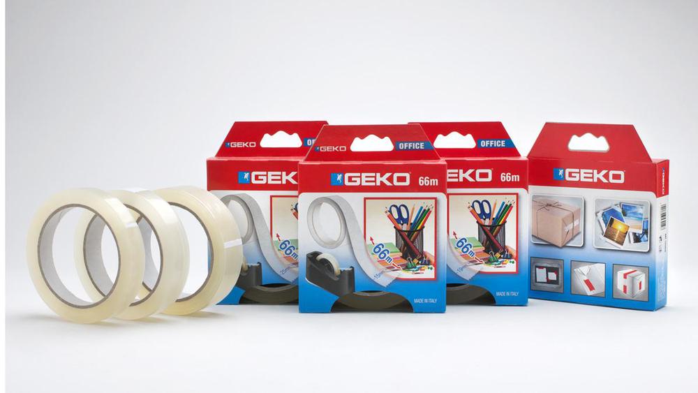 Rubans adhésifs transparents Geko Office 66m en rouleaux et boîtes rouges pour bureau.