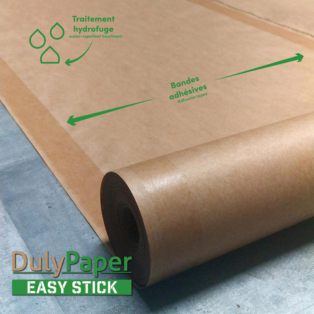 Rouleau de papier de protection DulyPaper Easy Stick hydrofuge avec bandes adhésives pour sols.