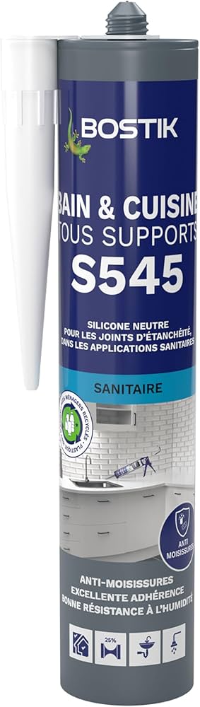 Mastic Bain & Cuisine Tous Support S545, cartouche 300 ml, pour l'étanchéité sanitaire, résistant à l'humidité et anti-moisissure.