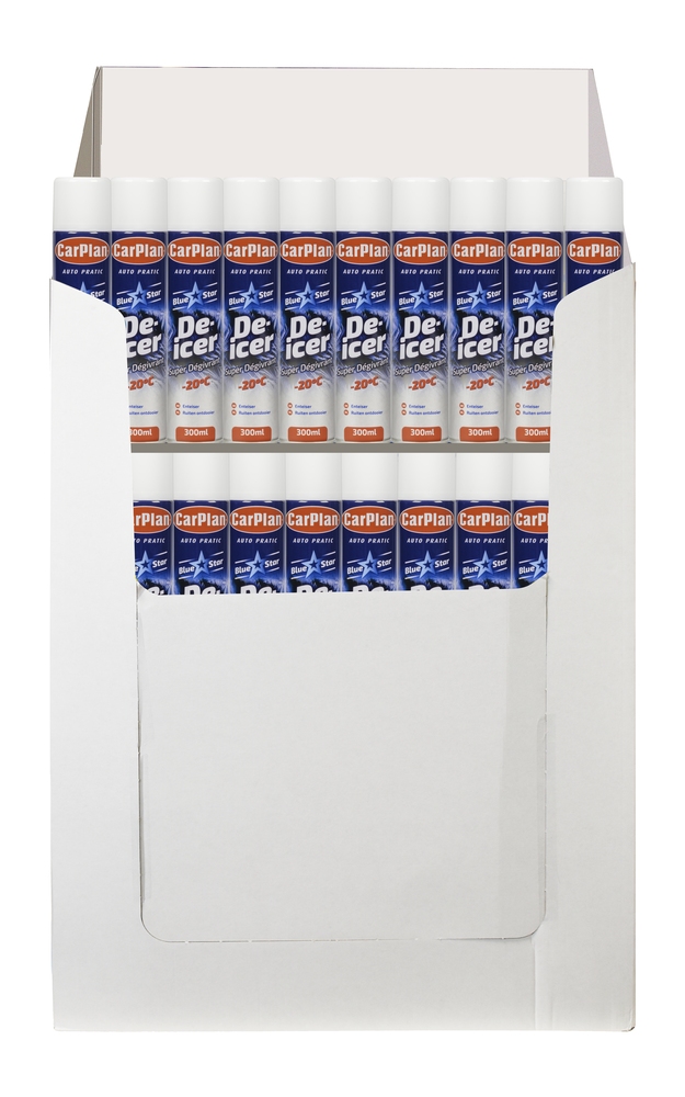 Carton présentoir blanc rempli d'aérosols super dégivrants CarPlan Blue Star 300ml.