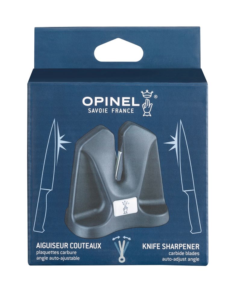 Boite de l'aiguiseur de couteau manuel Opinel compact à plaquettes carbure et angle auto-ajustable.