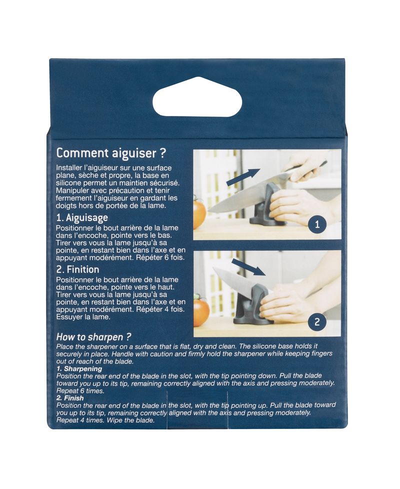 Arrière de la boite d'aiguiseur de couteaux Opinel avec instructions et mode d'emploi
