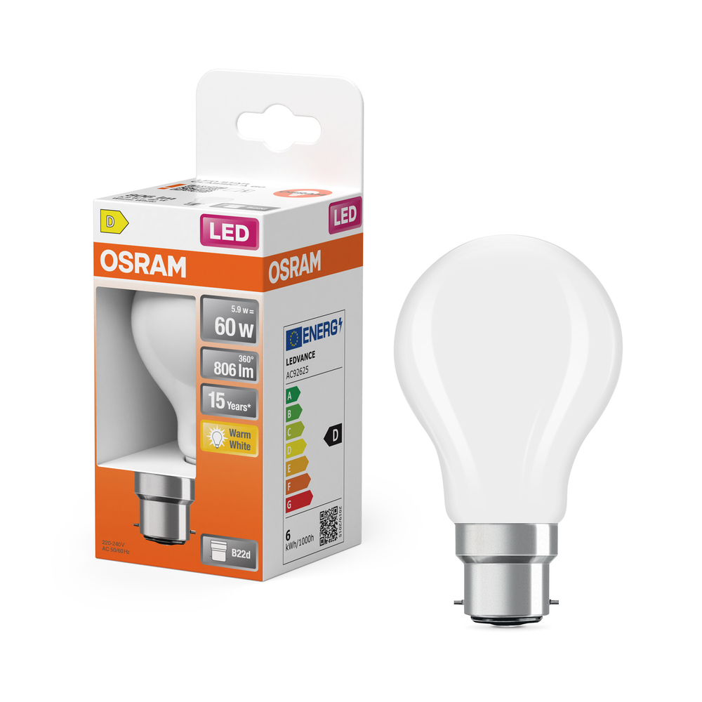 Ampoule LED standard Osram B22d blanc chaud équivalent 100W avec emballage.