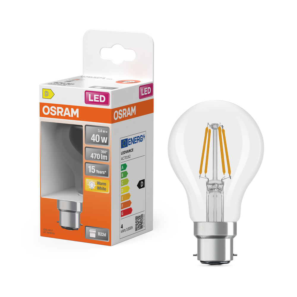 Ampoule LED standard à filament Osram B22d transparente blanc chaud équivalent 40W avec emballage.