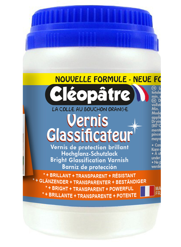 Pot de vernis glassificateur Cléopâtre 250 g pour une protection brillante et transparente