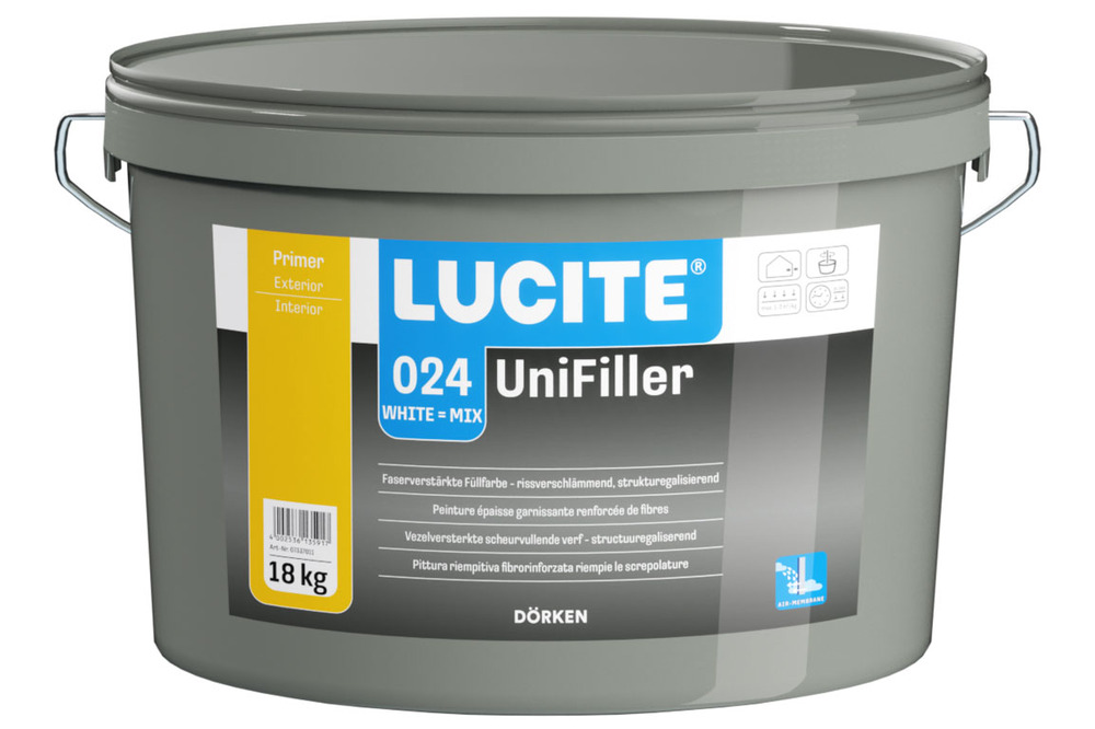 Pot de peinture Lucite 024 Unifiller Blanche 18kg épaisse garnissante renforcée de fibres