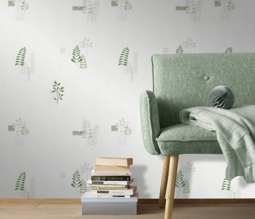 20050-07 - Papier Peint Vinyle Expansé sur Papier Botanique Blanc Vert