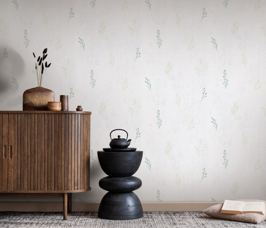 20053-07 - Papier Peint Vinyle Expansé sur Papier Botanique Blanc Vert Pâle