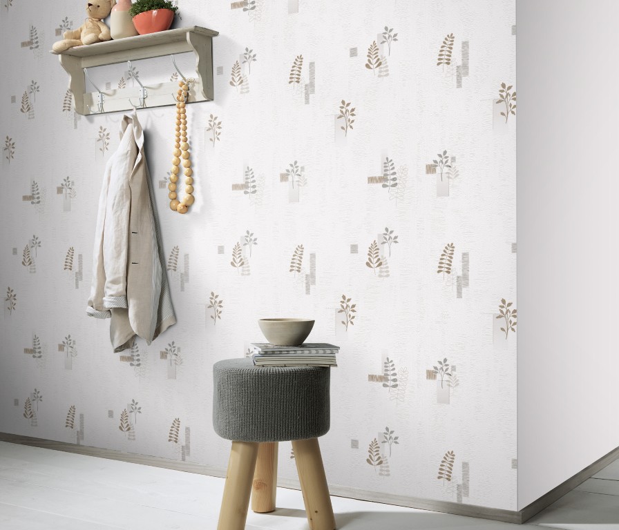 20050-11 - Papier Peint Vinyle Expansé sur Papier Fougères Feuilles Beige Blanc