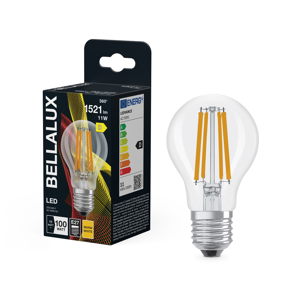 Ampoule LED standard à filament Bellalux E27 transparente blanc chaud équivalent 100W avec emballage.