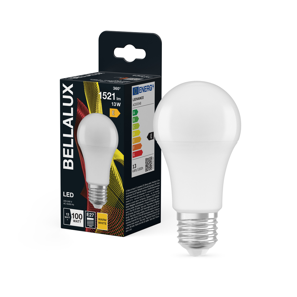 Ampoule LED standard Bellalux E27 blanc chaud équivalent 100W avec emballage.