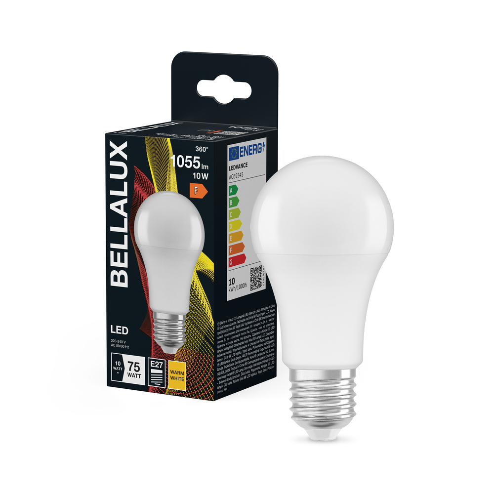 Ampoule LED standard Bellalux E27 blanc chaud équivalent 75W avec emballage.