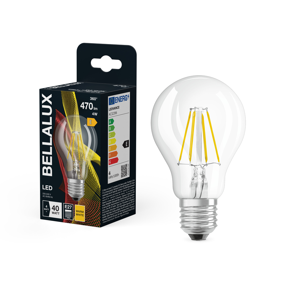 Ampoule LED standard à filament Bellalux E27 transparente blanc chaud équivalent 40W avec emballage.
