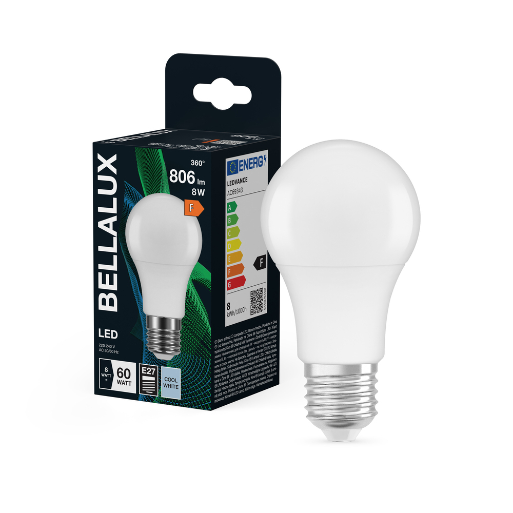 Ampoule LED standard Bellalux E27 blanc froid équivalent 60W avec emballage.