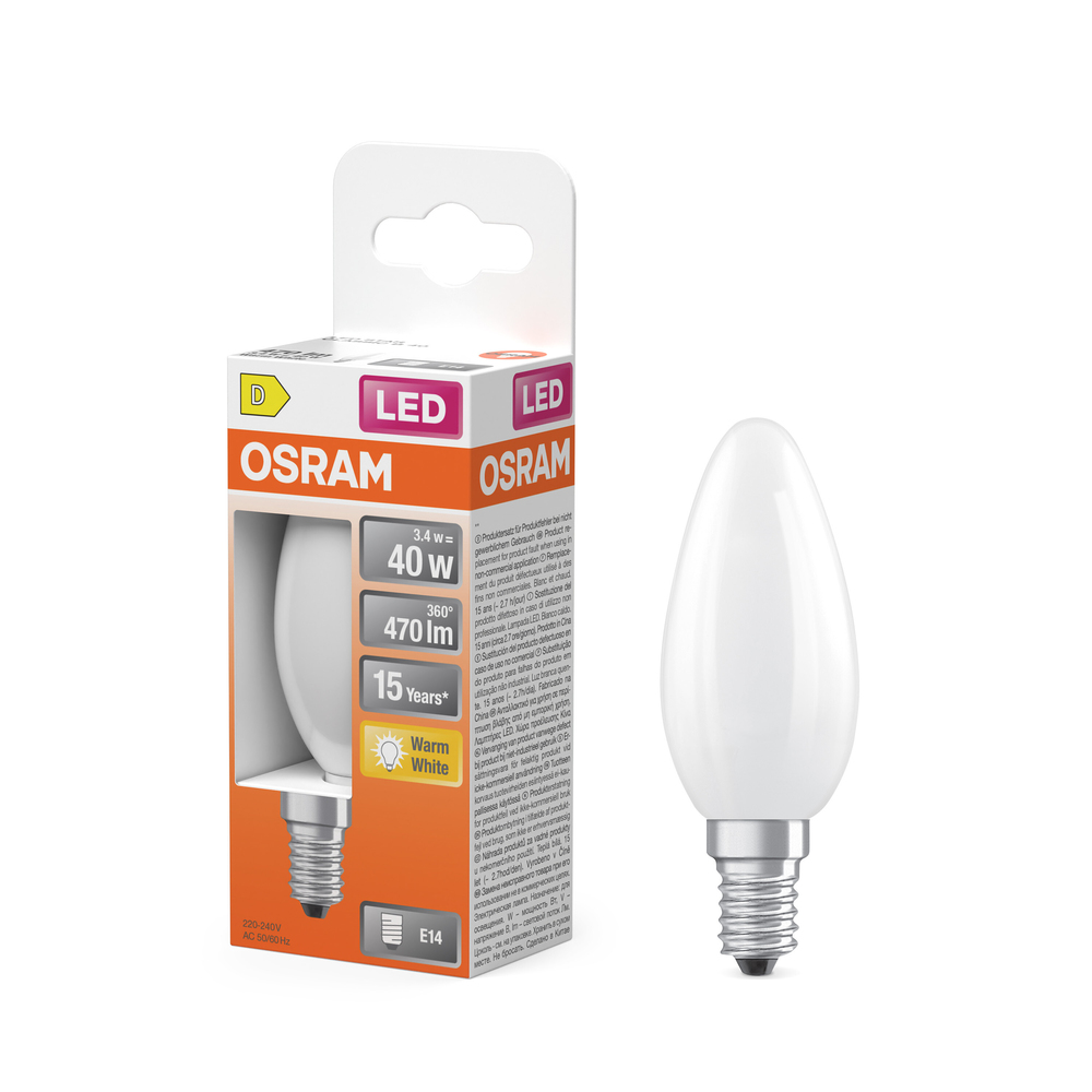 Ampoule LED flamme Osram E14 blanc chaud équivalent 40W avec emballage.