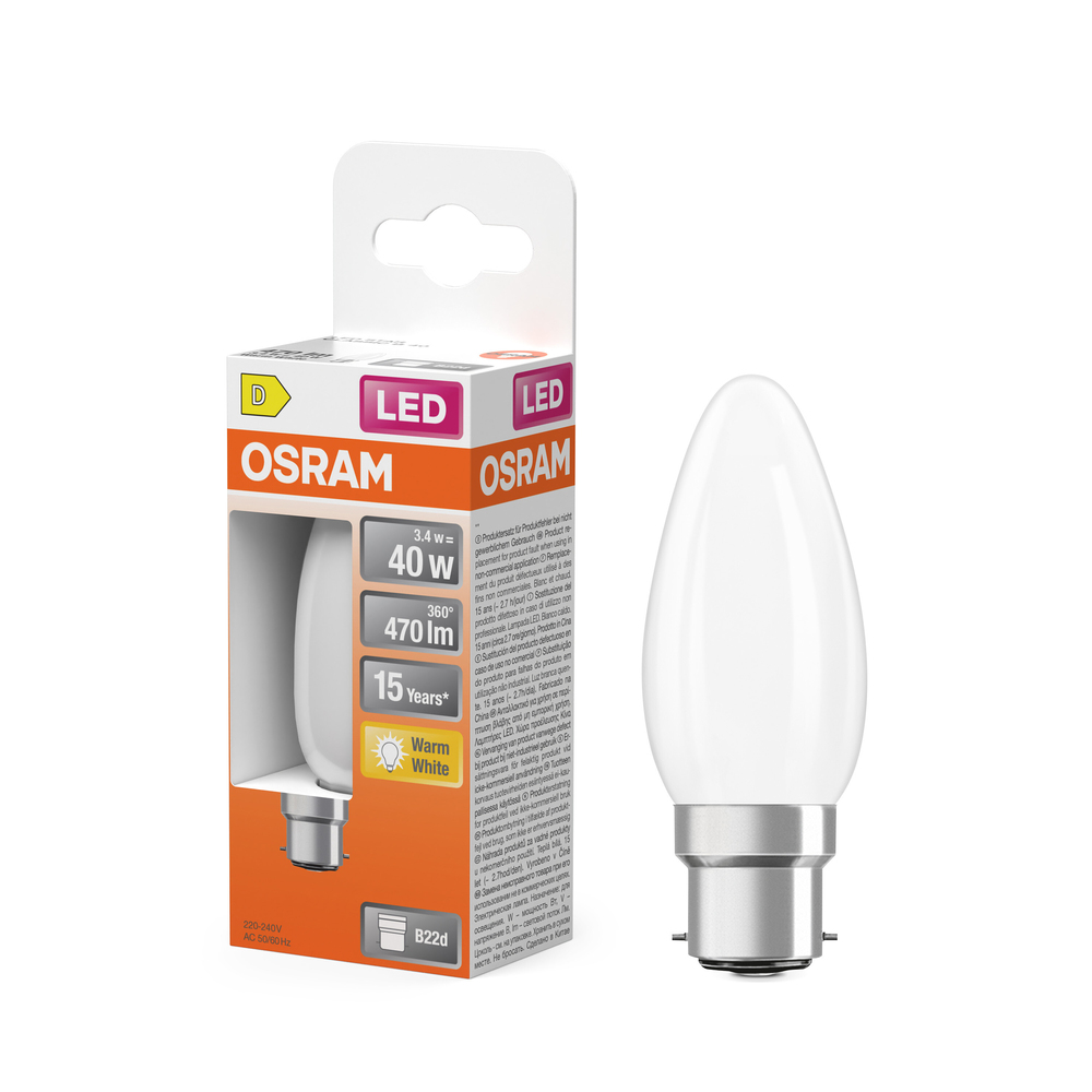 Ampoule LED flamme Osram B22d blanc chaud équivalent 40W avec emballage.