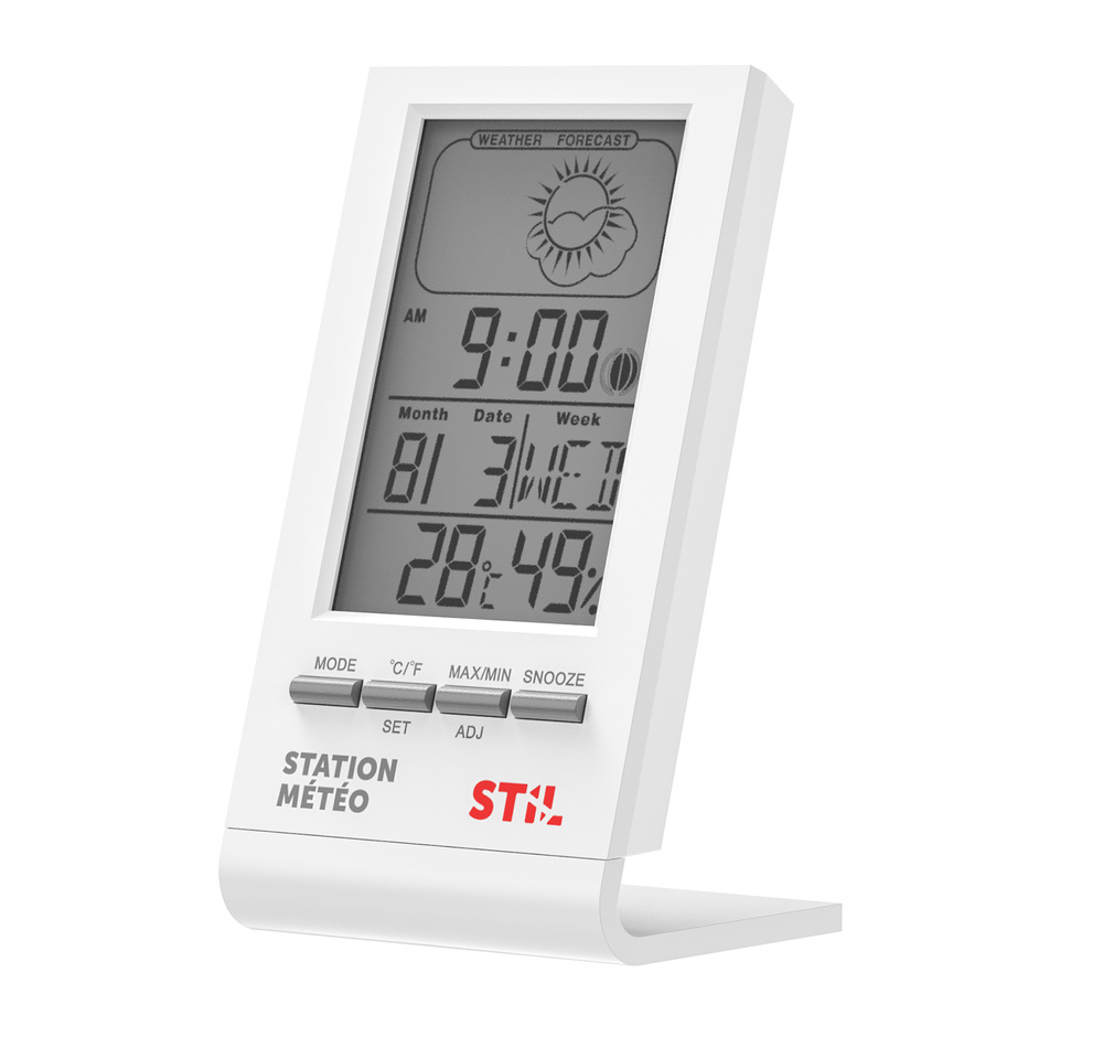 Mini station météo électronique Stil blanche compacte à poser, avec écran digital pour la mesure de température et humidité.