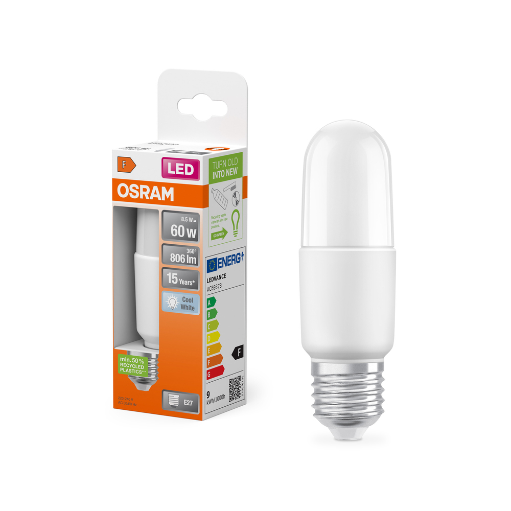 Ampoule LED Osram E27 bâton opale blanc froid équivalent 60W