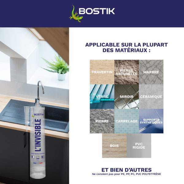 Matériaux sur lesquels appliquer le joint L'Invisible de Bostik, pierre, travertin, marbre, verre, bois, pvc rigide