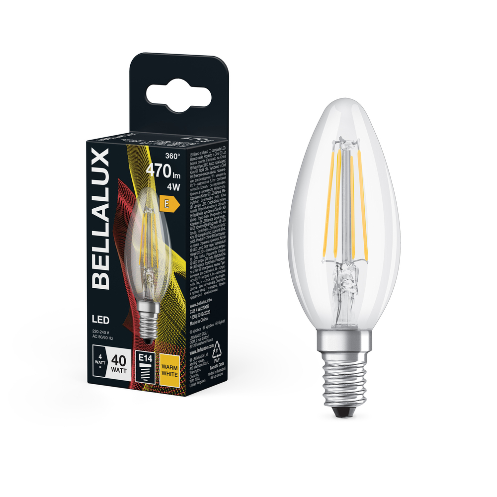 Ampoule LED Bellalux E14 flamme filament claire blanc chaud équivalent 40W